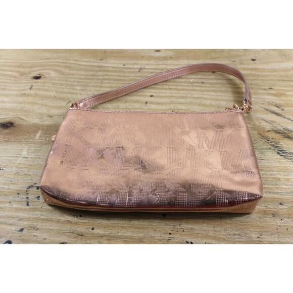 MICHAEL KORS Clutch Wristlet Rose Gold Monogram Logo Mirror Metallic Zip - Picture 3 of 14